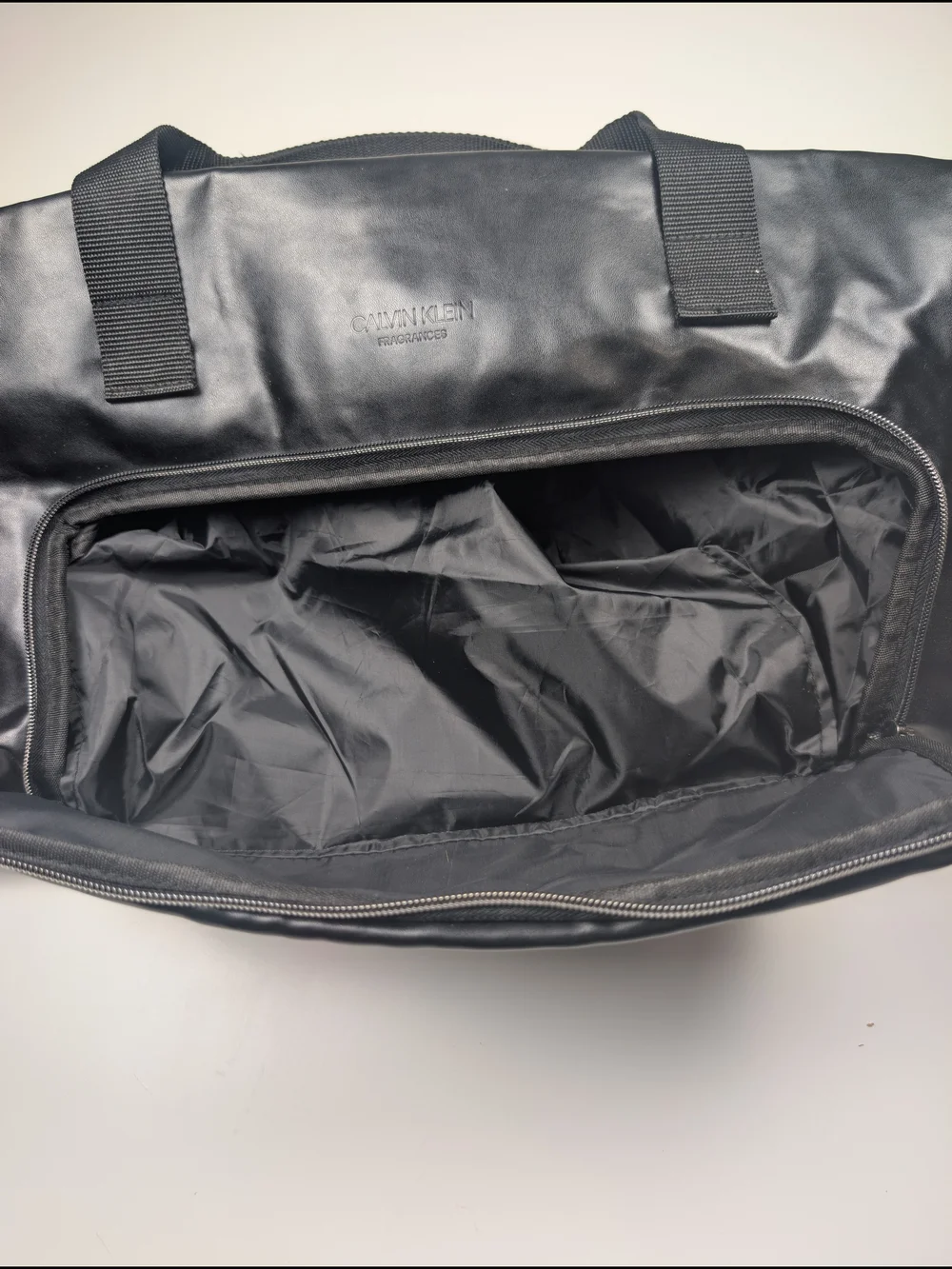 Calvin Klein Fragrances Black Faux Leather Duffle Weekender Gym Travel Bag